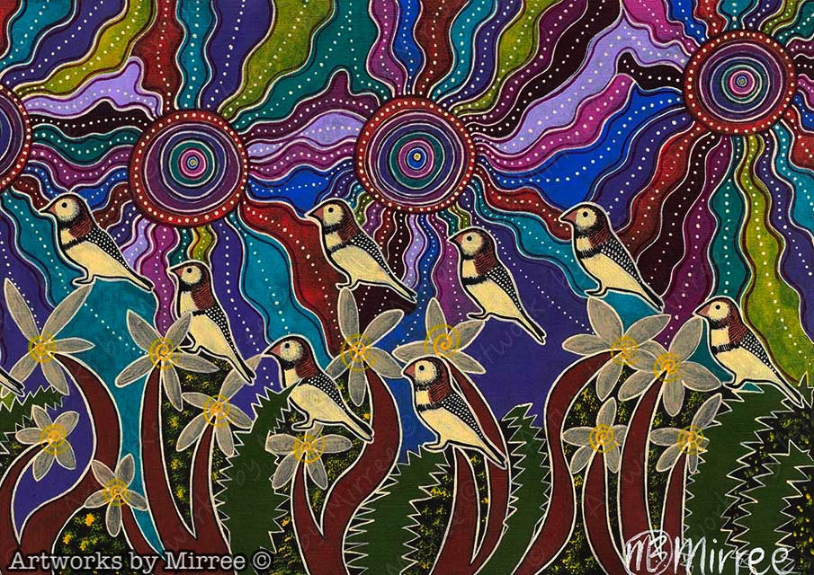 Original Ancestral Owl Finches Painting A3 Girlcee Print by Mirree Contemporary Aboriginal Art