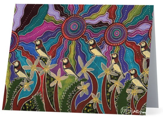Original Luxury Ancestral Owl Finches Aboriginal Art Animal Dreaming Greeting Card Single by Mirree