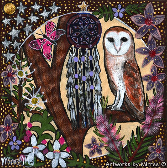 Barn Owl with Dreamcatcher Dreaming Small Contemporary Aboriginal Art Original Painting by Mirree