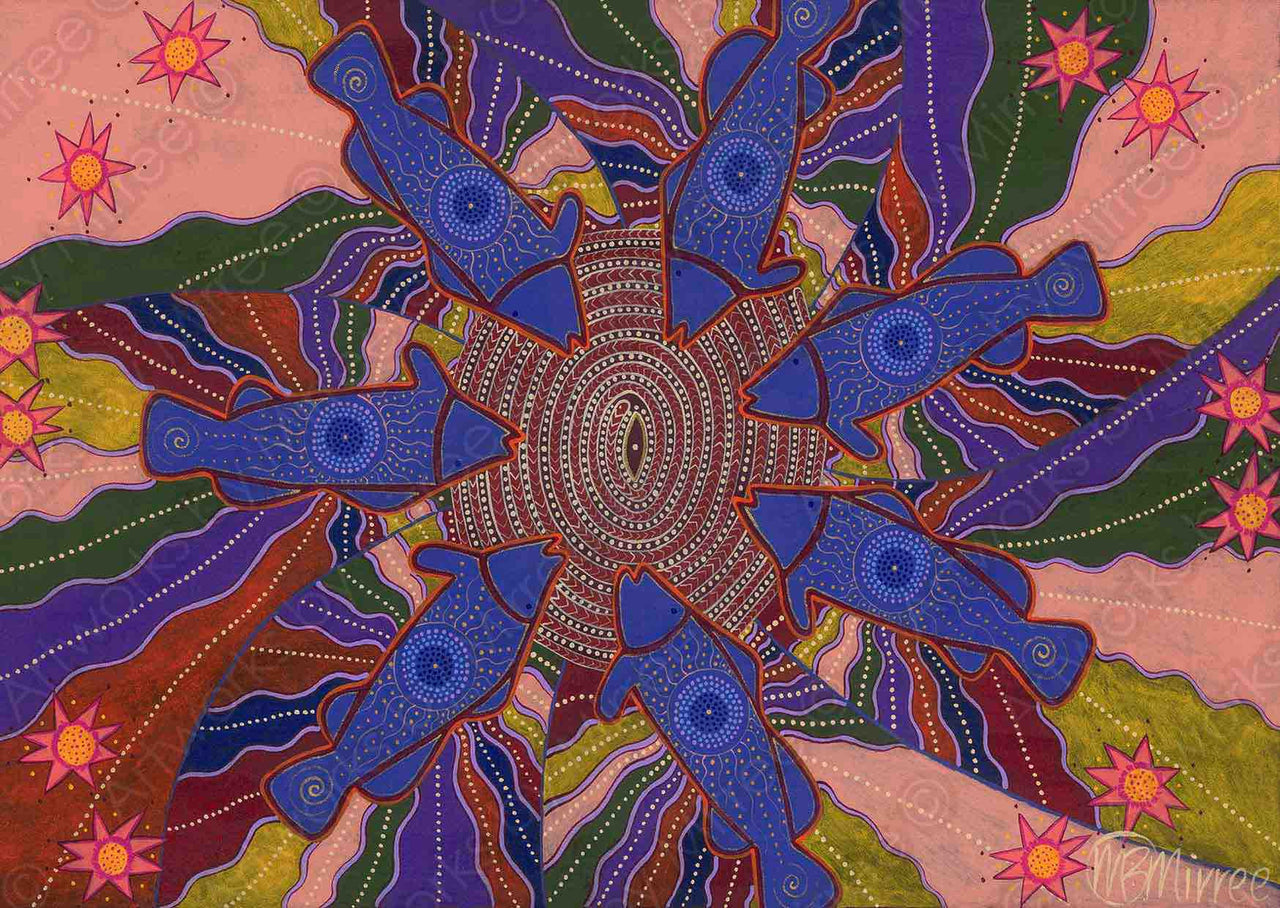 Dreamtime Barramundi Family Healing Circle Contemporary Aboriginal Art Print by Mirree