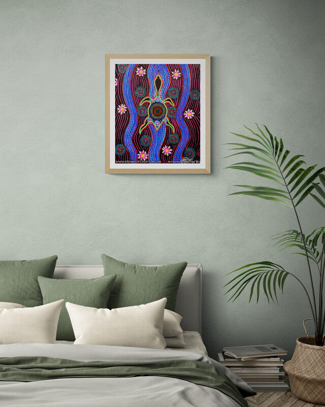 Dreamtime Snake-Head Turtle with lotus Emotions Contemporary Aboriginal Art Print by Mirree