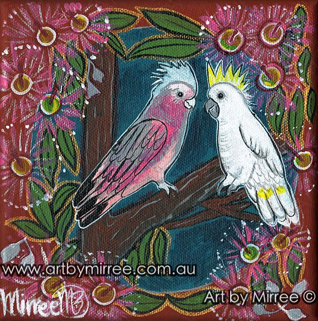 Pink Galah and White Cockatoo with ‘Summer Beauty’ Flowering Gum Original Painting by Mirree Contemporary Dreamtime Animal Dreaming