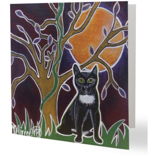 Luxury Black Cat Aboriginal Art Animal Dreaming Square Greeting Card Single by Mirree