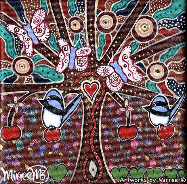 SACRED FAMILY TREE WITH BLUE WREN AND BUTTERFLY Framed Canvas Print by Mirree Contemporary Aboriginal Art