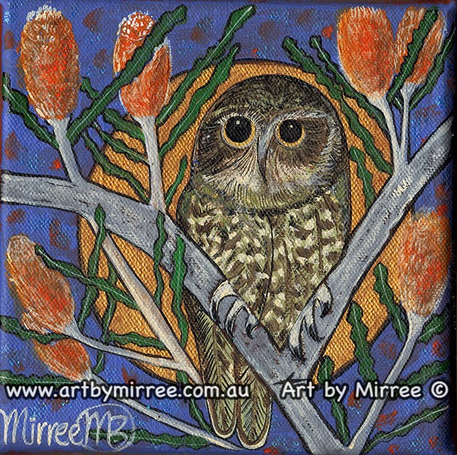 Boo Book Owl with Banksia Dreaming Small Contemporary Aboriginal Art Original Painting by Mirree
