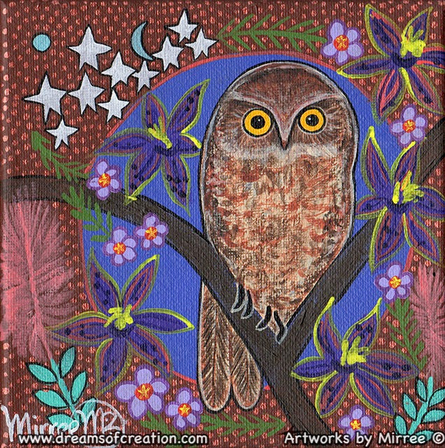 Boo Book Owl with Queen of Sheba Dreaming Small Contemporary Aboriginal Art Original Painting by Mirree