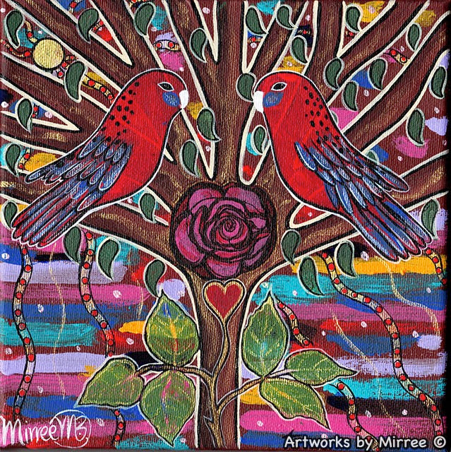 Crimson Rosella Hearts Blossoming Dreaming Framed Canvas Print by Mirree Contemporary Aboriginal Art