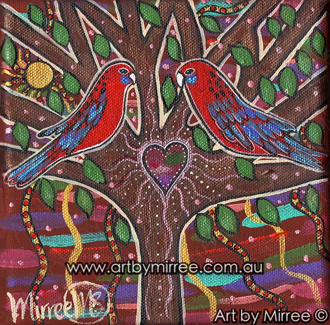 Crimson Rosella Growing Dreaming Contemporary Aboriginal Art Original Painting by Mirree