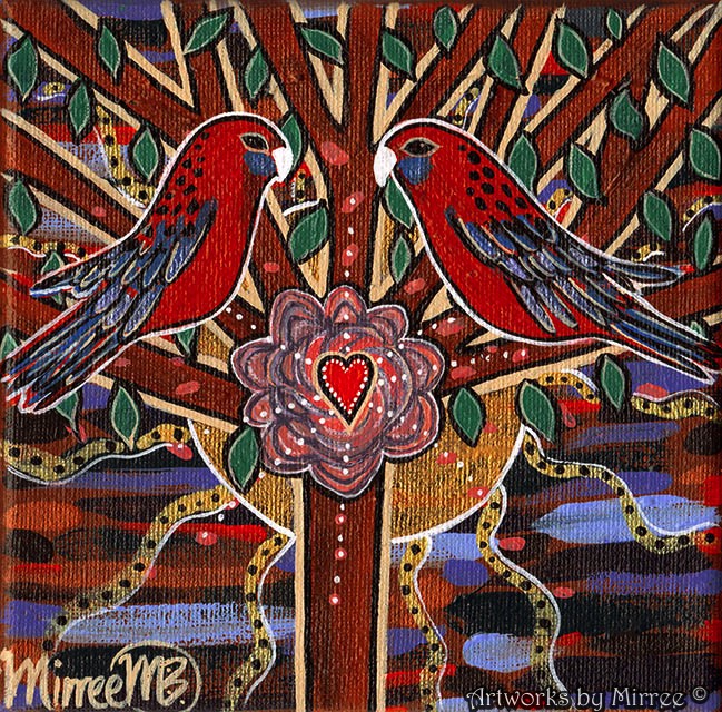 Crimson Rosella Hearts Opening Dreaming Contemporary Aboriginal Art Original Painting by Mirree