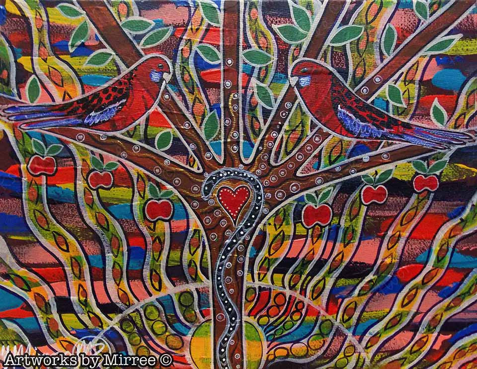 Crimson Rosella Aboriginal Art A6 PostCard Single by Mirree