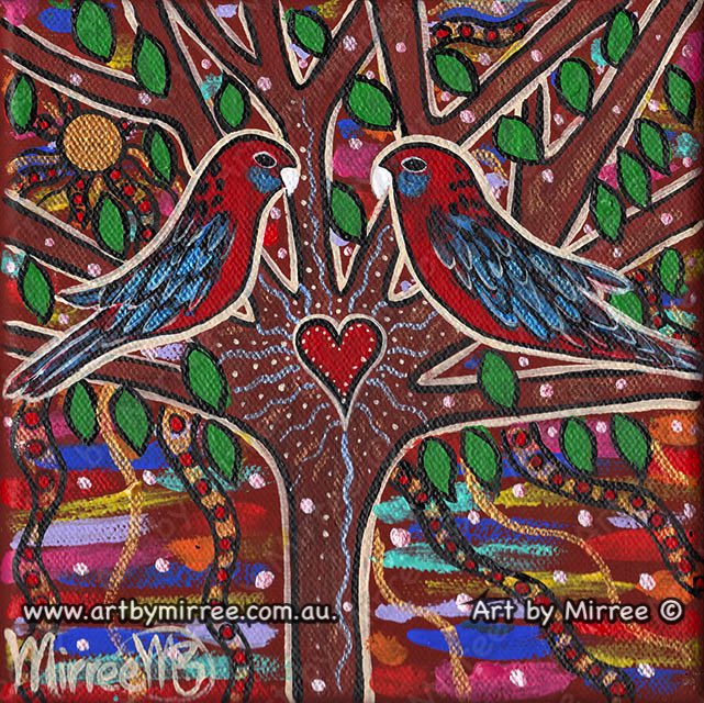 Crimson Rosella Growing Dreaming Contemporary Aboriginal Art Original Painting by Mirree