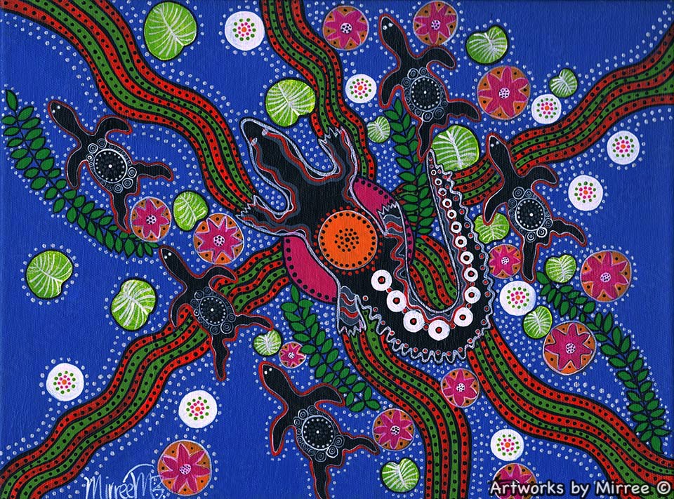 'Crocodile with Turtle Wetlands' A3 Girlcee Print by Mirree Contemporary Aboriginal Art
