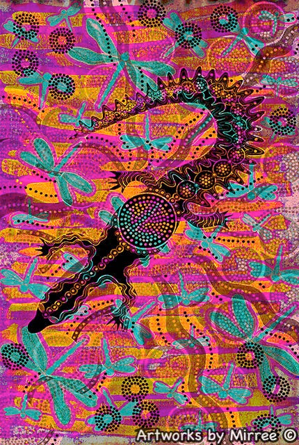 'Crocodile Dreaming with Dragonfly by Sunset' A3 Girlcee Print by Mirree Contemporary Aboriginal Art