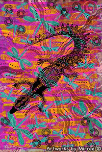 Thumbnail for 'Crocodile Dreaming with Dragonfly by Sunset' A3 Girlcee Print by Mirree Contemporary Aboriginal Art