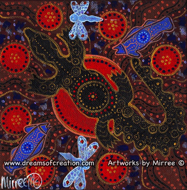 CROCODILE WITH BARRAMUNDI & DRAGONFLY Framed Canvas Print by Mirree Contemporary Aboriginal Art