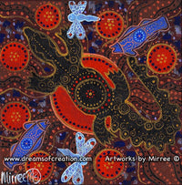 Thumbnail for CROCODILE WITH BARRAMUNDI & DRAGONFLY Framed Canvas Print by Mirree Contemporary Aboriginal Art