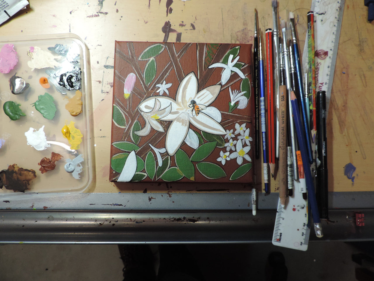'White Flower Blossoming with Bee' Original Painting by Mirree Contemporary Dreamtime Animal Dreaming