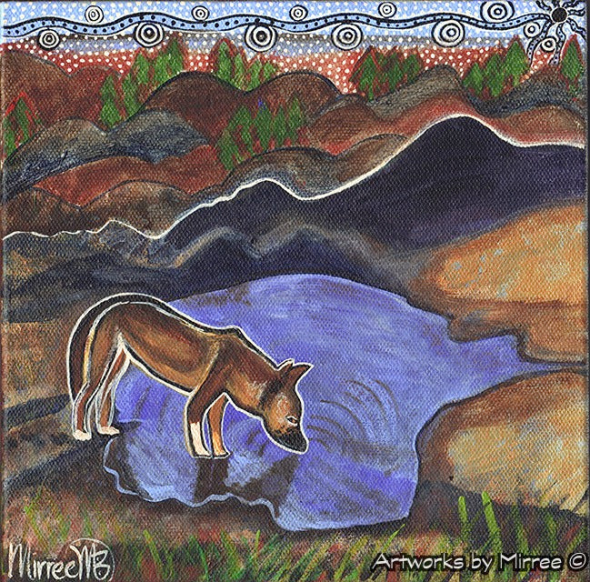 'Australian Wild Dingo by Lagoon ~ Thirsty Dingo' Original Painting by Mirree Contemporary Dreamtime Animal Dreaming