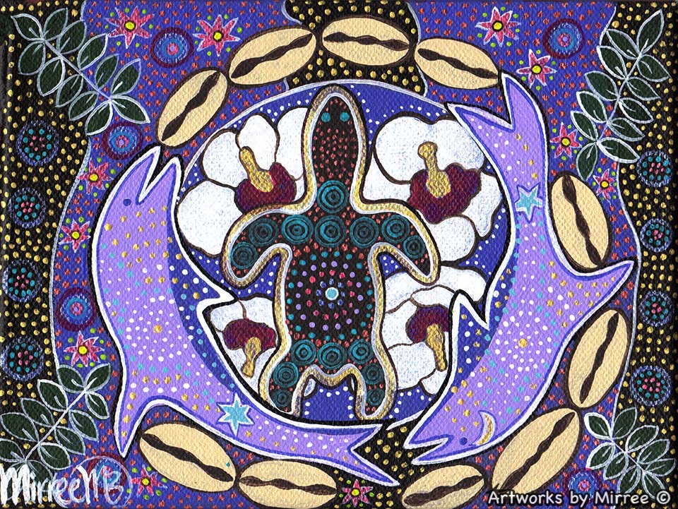 'Dolphin and Turtle Dreaming with flower medicine' A3 Girlcee Print by Mirree Contemporary Aboriginal Art