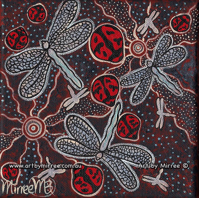 Ancestral Lady Beetle with Dragonfly Framed Canvas Print by Mirree Contemporary Aboriginal Art
