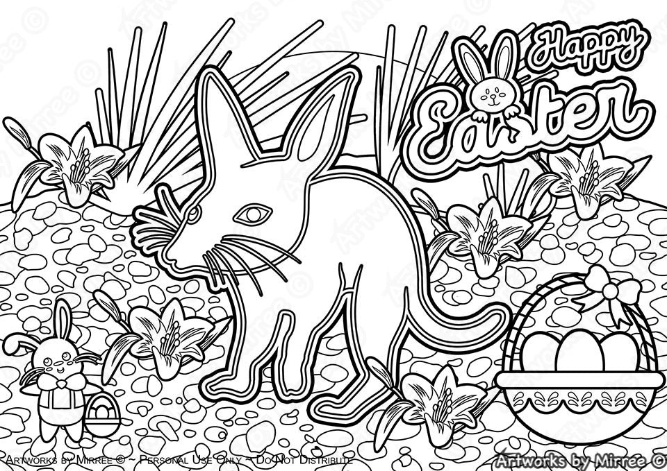 'Happy Easter with Bilby & Easter Lilies' Colouring Single PDF Page COLOURING PAGE' by Mirree Contemporary Dreamtime Series