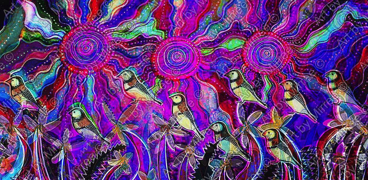 Extra Long Version Limited Edition Ancestral Owl Finches Painting Girlcee Print by Mirree Contemporary Aboriginal Art