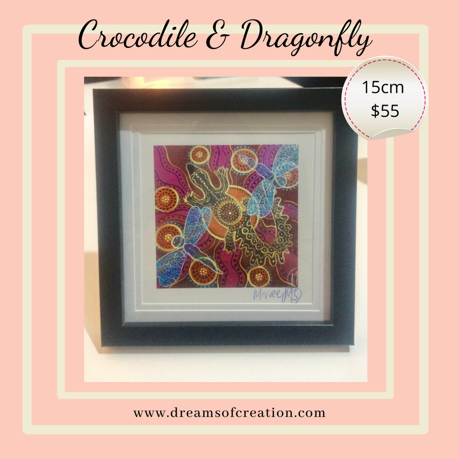 'Crocodile and Dragonfly' 15cm Framed PHOTOGRAPH by Mirree Contemporary Aboriginal Art