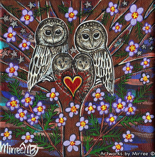 AUSTRALIAN GREATER SOOTY OWL WITH FLOWER MEDICINE Framed Canvas Print by Mirree Contemporary Aboriginal Art