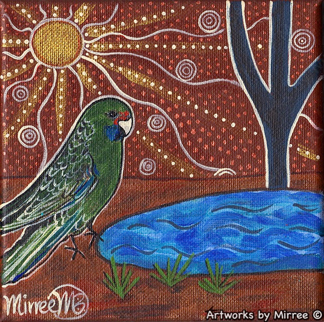 'Australian Green Rosella Parrot by Waterhole' Original Painting Series by Mirree Contemporary Dreamtime Animal Dreaming