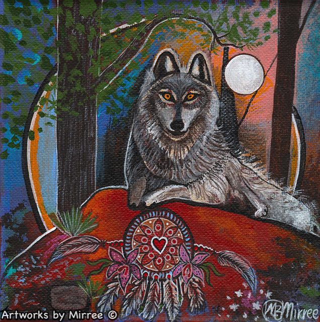 Grey Wolf Dreaming with Dreamcatcher Framed Canvas Print by Mirree Contemporary Aboriginal Art