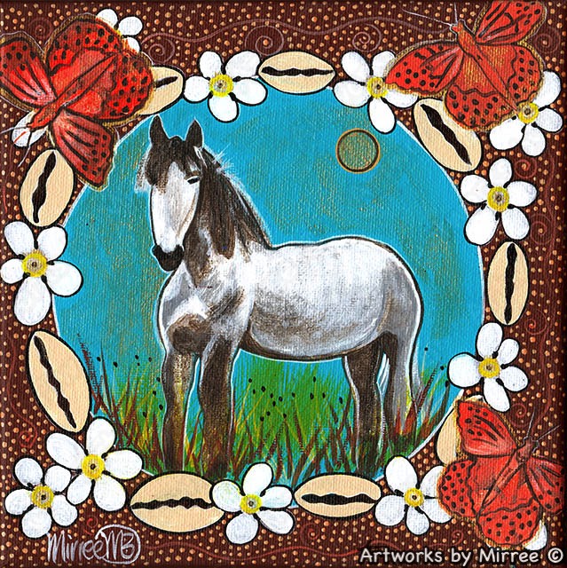 Horse Dreaming with Cowrie Shells & Butterfly Medicine Framed Canvas Print by Mirree Contemporary Aboriginal Art