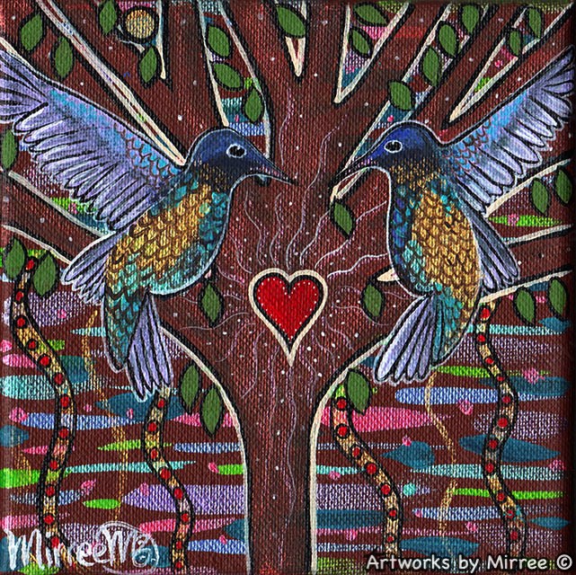 Fiery-Throated Hummingbird Dreaming Small Contemporary Aboriginal Art Original Painting by Mirree