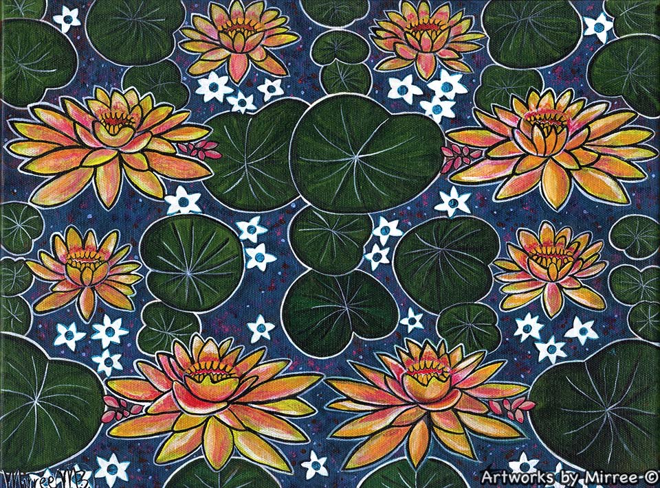 Gold and Pink Lotus with Lily Pad Dreaming ORIGINAL PAINTING by Mirree Contemporary Aboriginal Art