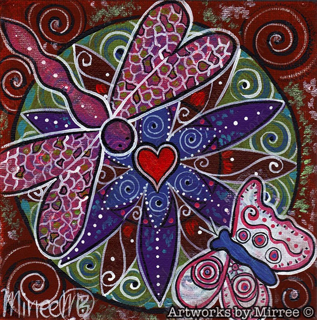 'Secrets to the Universe through Heart & Mind with Dragonfly & Butterfly' Original Painting by Mirree Contemporary Dreamtime Animal Dreaming
