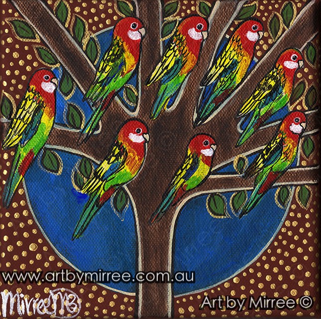 'Australian Eastern Rosellas in Tree' Life Changing Original Painting Series by Mirree Contemporary Dreamtime Animal Dreaming