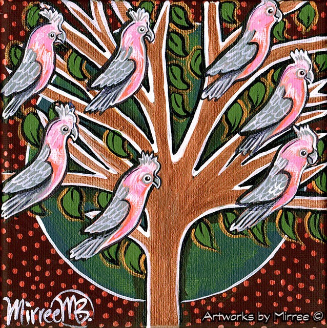 'Australian Pink Galahs in Tree' Life Changing Original Painting Series by Mirree Contemporary Dreamtime Animal Dreaming