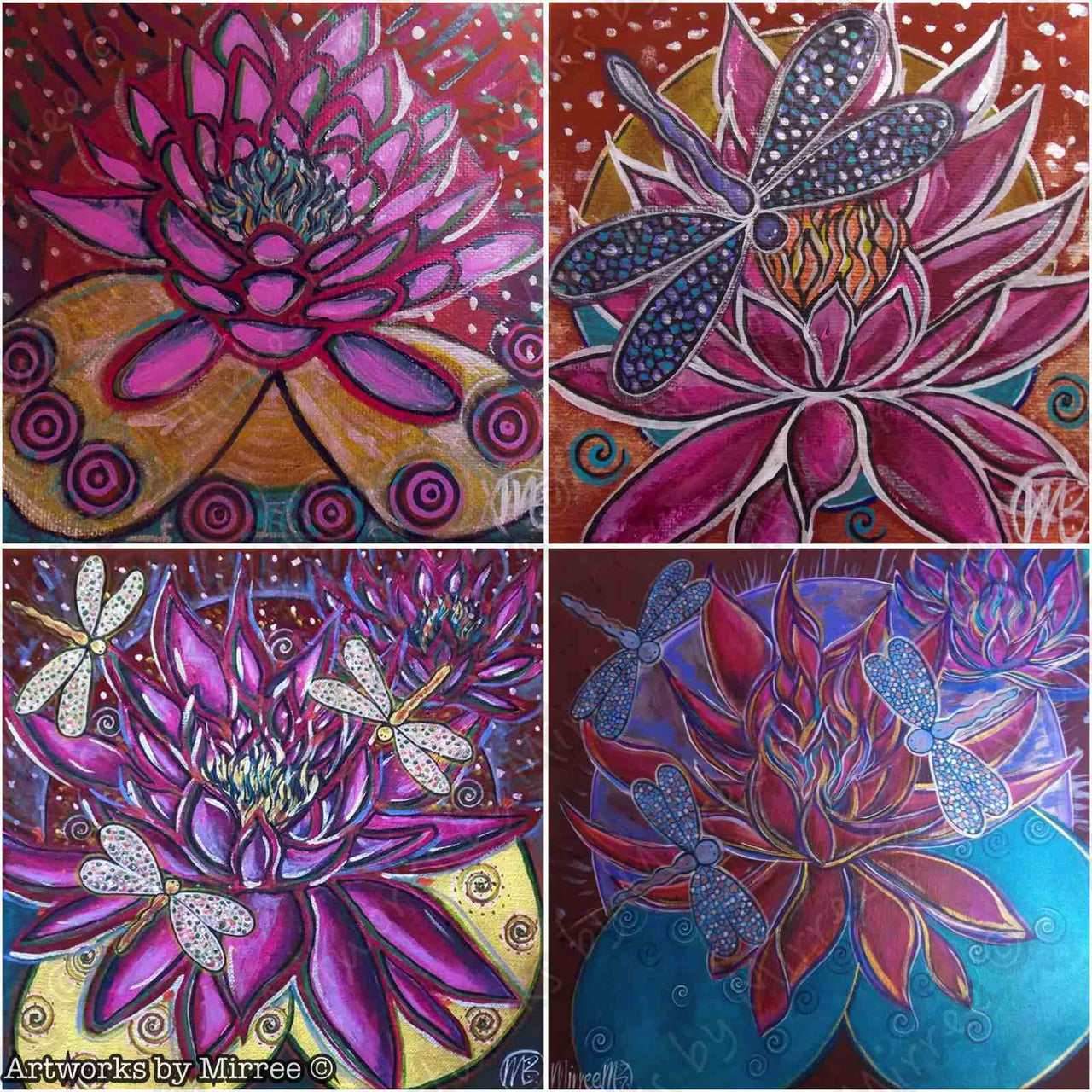 'Pink Lotus w Dragonfly' Original Painting by Mirree Contemporary Dreamtime Animal Dreaming