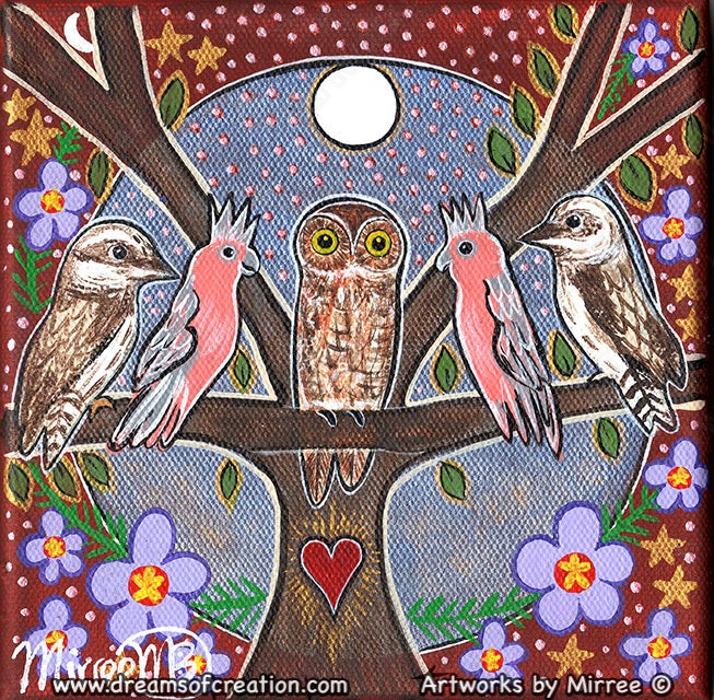 MEETING OF THE BIRDS WITH SACRED HEART Framed Canvas Print by Mirree Contemporary Aboriginal Art