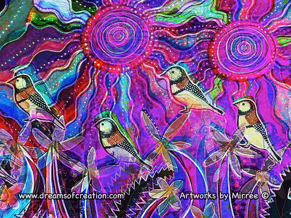 Ancestral Owl Finches Painting A3 Girlcee Print by Mirree Contemporary Aboriginal Art