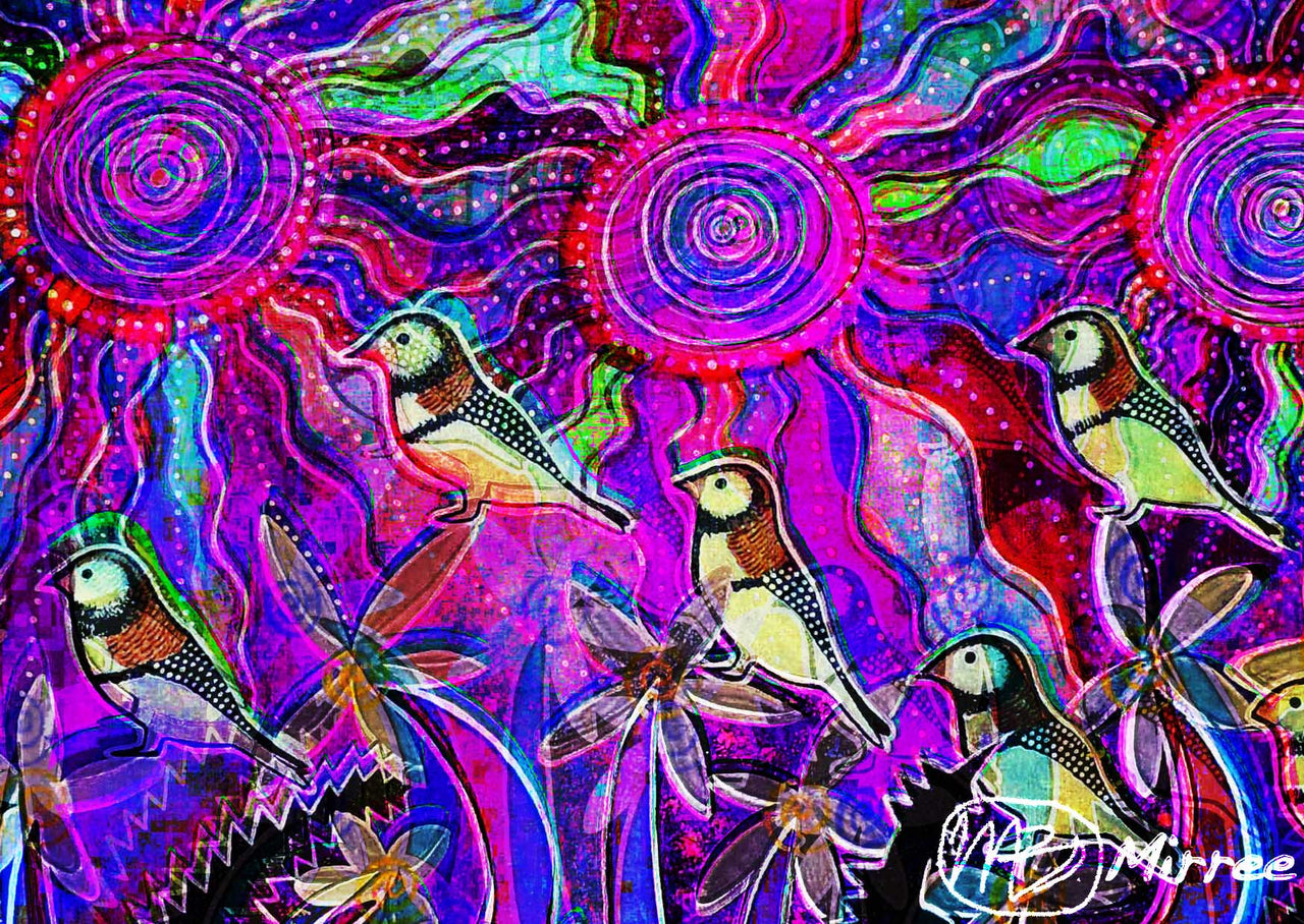 Limited Edition Ancestral Owl Finches Painting Girlcee Print by Mirree Contemporary Aboriginal Art