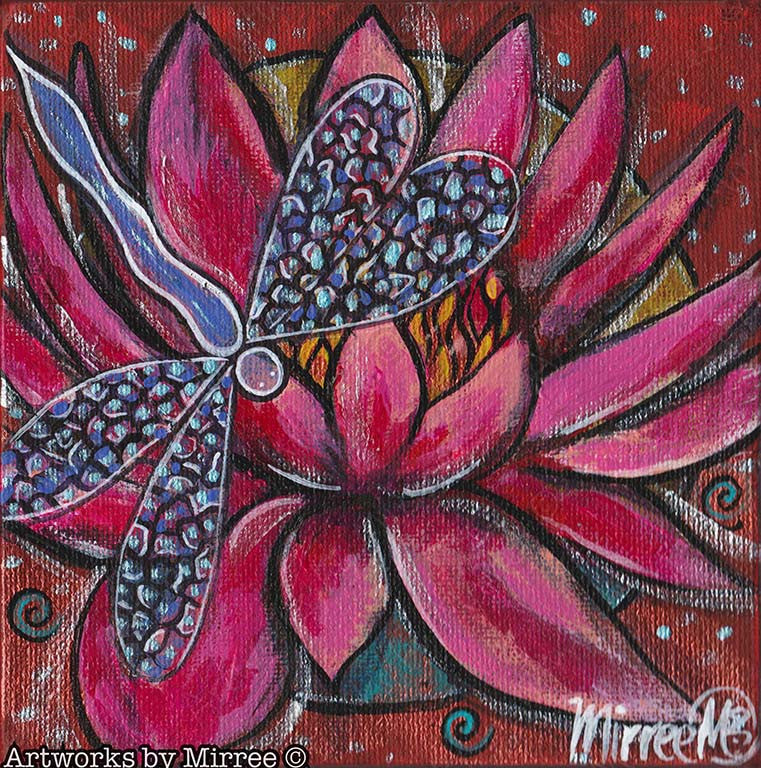 'Pink Lotus with Dragonfly' 1 Original Painting by Mirree Contemporary Dreamtime Animal Dreaming