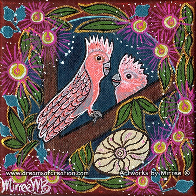 Pink Galah and Baby Dreaming Framed Canvas Print by Mirree Contemporary Aboriginal Art