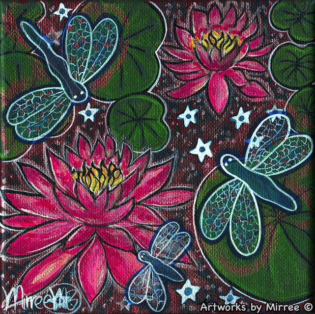 'DOUBLE PINK LOTUS WITH LILLY PADS & DRAGONFLIES' Framed Canvas Print by Mirree Contemporary Aboriginal Art