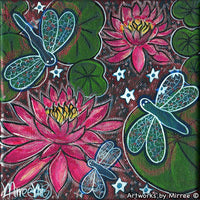 Thumbnail for 'DOUBLE PINK LOTUS WITH LILLY PADS & DRAGONFLIES' Framed Canvas Print by Mirree Contemporary Aboriginal Art