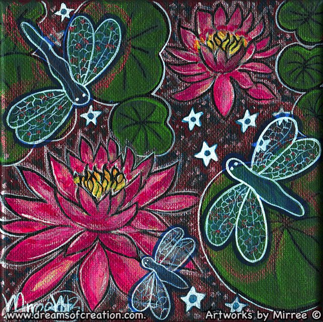 'Double Pink Lotus with Lilly Pads & Dragonflies' Original Painting by Mirree Contemporary Dreamtime Animal Dreaming
