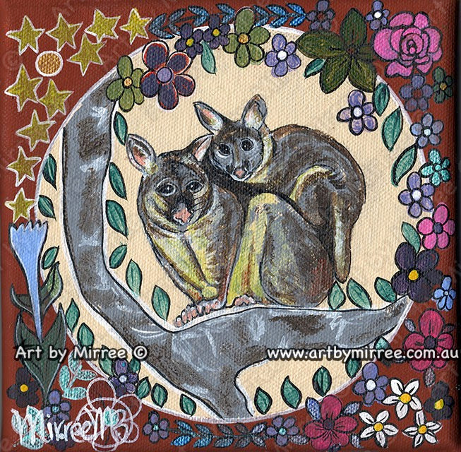 'Possum & Baby Magic with flower medicine' Original Painting by Mirree Contemporary Dreamtime Animal Dreaming