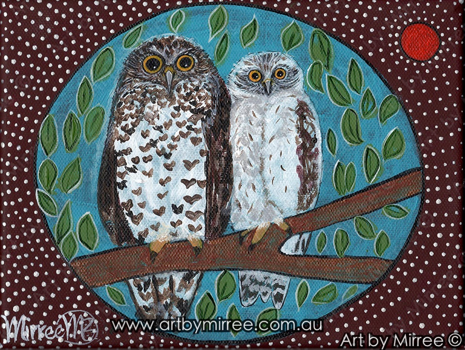 Australian Powerful Owl Mother and Baby Dreaming Contemporary Aboriginal Art Original Painting by Mirree
