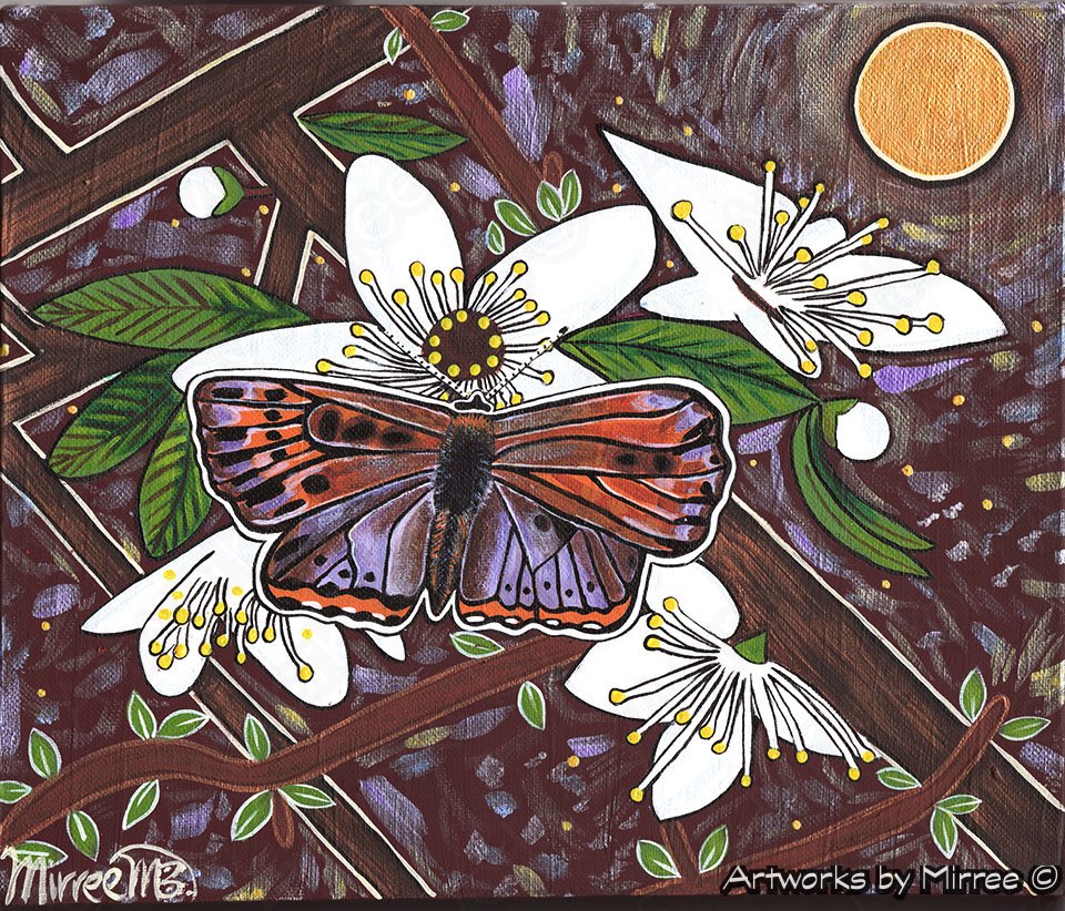 'Purple Copperwing Butterfly with Blackthorn Blossoming Flower' Medium Original Painting by Mirree Contemporary Dreamtime Animal Dreaming