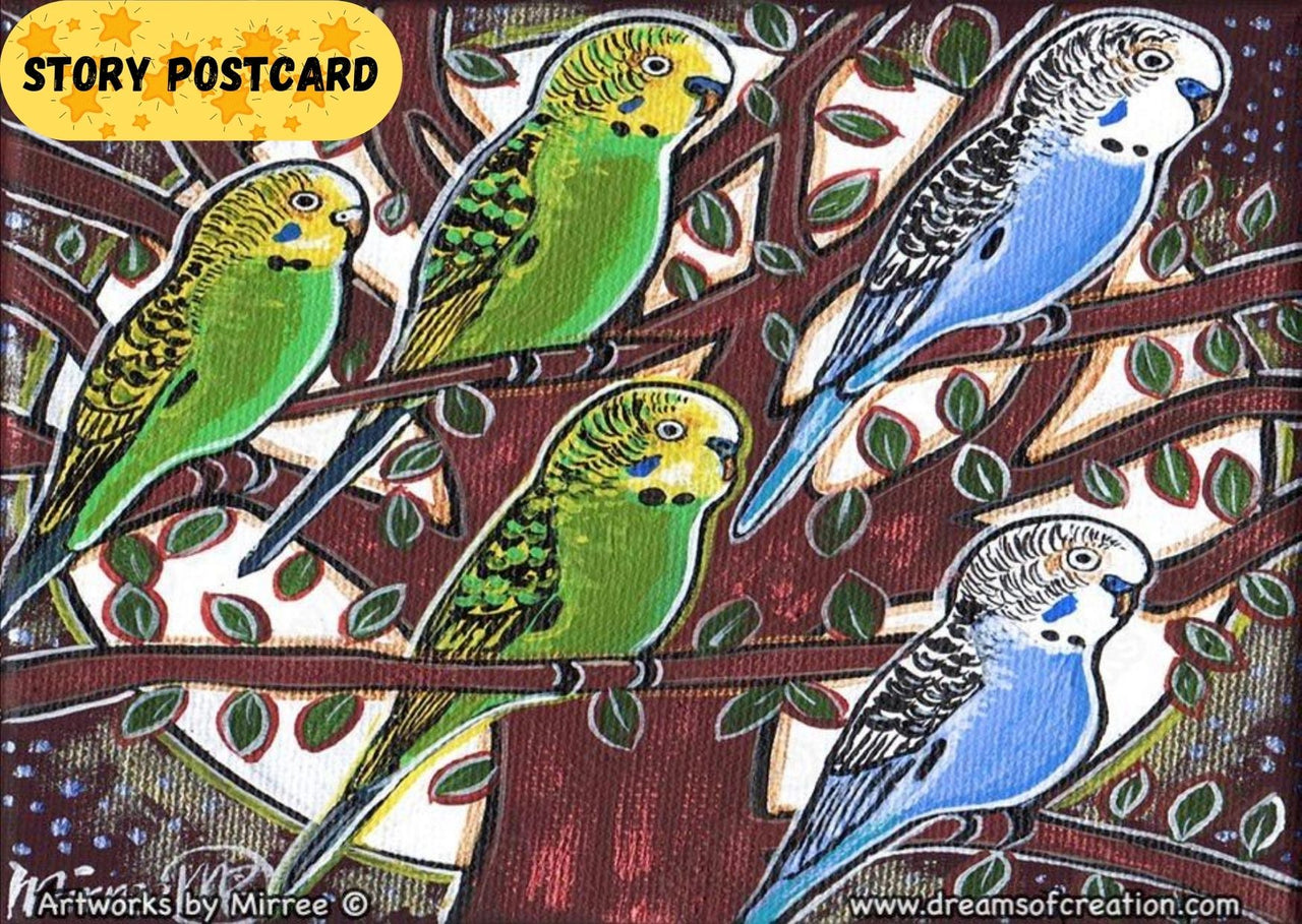 Australian Budgerigar Dreaming in Colours Aboriginal Art A6 Story PostCard Single by Mirree
