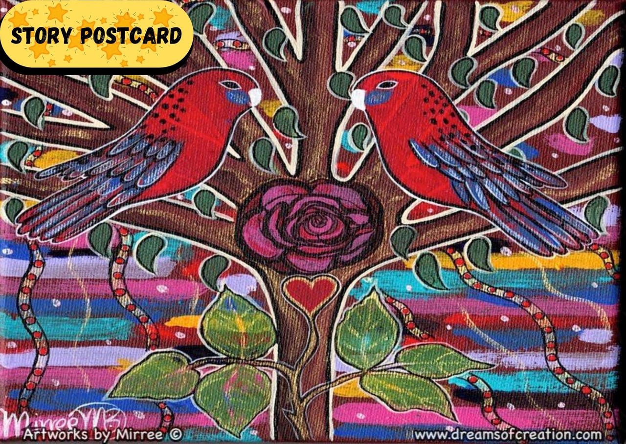 Australian Crimson Rosella Heart Blossoming Dreaming Aboriginal Art A6 Story PostCard Single by Mirree